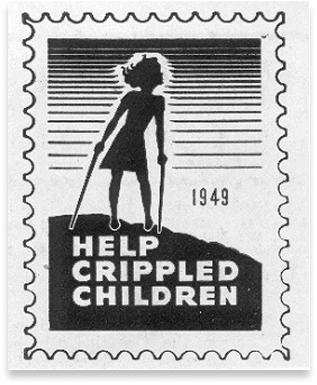 Stamp reading help crippled children with an outline of a person with walking aids