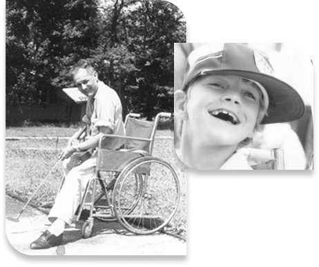 Two black and white photos overlaid on each other. One of a man in a wheelchair and one of a young girl smiling