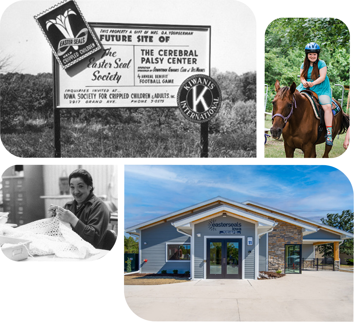 Four images in a grid pattern, top left - black and white sign for the future site of the EA society. Top right - a color photo of a girl riding a horse in nature. Bottom left - Black & white photo of a worker. Bottom right - color photo of EA main building